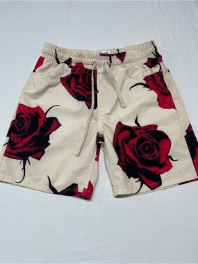 Men’s Fresh Prince Beige Swim Trunks Red Rose Print casual Beach unique 1501